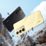 Smartphone Realme C75 8GB RAM 256GB NFC com acabamento dourado e preto