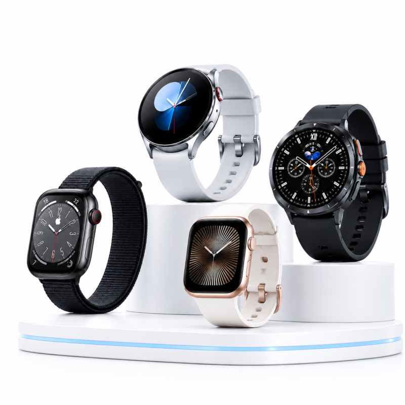 Smartwatches e relógios inteligentes de marcas como Apple, Samsung, Xiaomi, Huawei e outras marcas