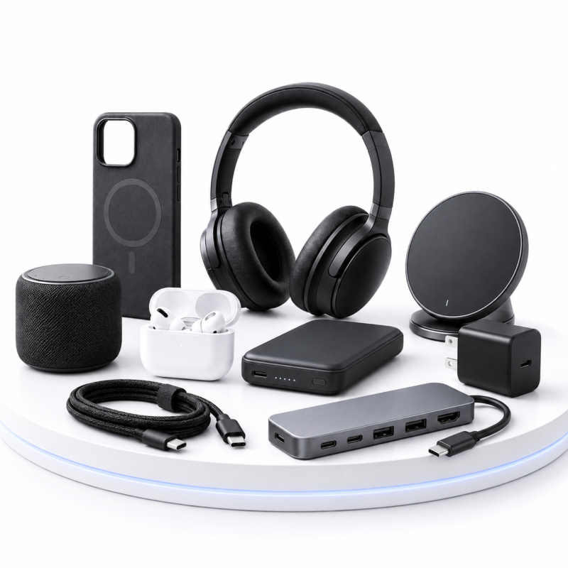 Acessórios para celular e eletrônicos como fones de ouvido, carregadores, cabos USB-C, power banks, capas, películas, suportes, hubs, caixas de som e carregadores sem fio