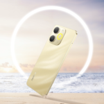 Celular Realme Note 70 dourado vista traseira com design moderno
