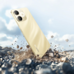 Smartphone Realme Note 70 dourado vista traseira com câmeras
